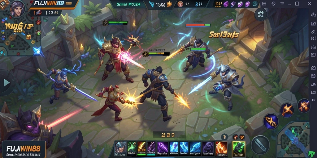 Screenshot FUJIWIN88 menampilkan aksi pertempuran seru dalam gameplay MOBA.