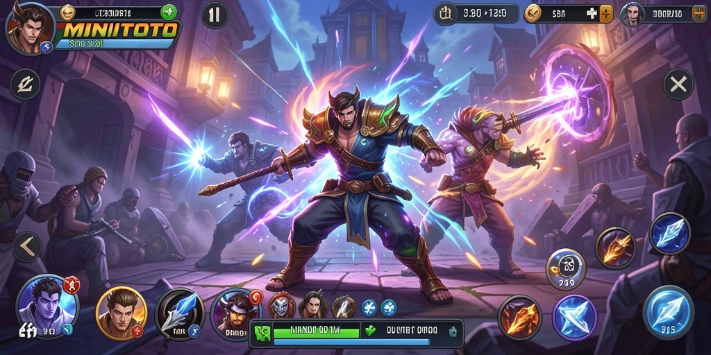 Screenshot gameplay MINITOTO menampilkan pertarungan seru antara karakter.