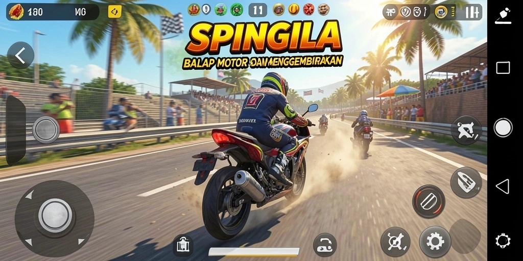 Gameplay SPINGILA menampilkan balapan motor yang mendebarkan dan menantang.
