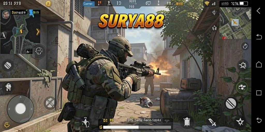 Screenshot SURYA88 menunjukkan pemain dalam aksi pertempuran intens.