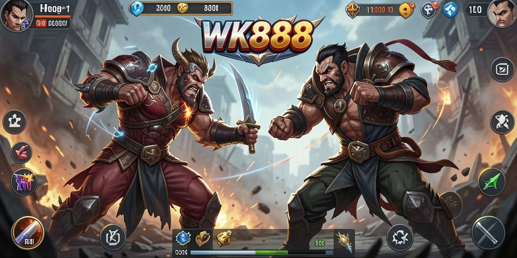 Tampilan gameplay WK888 menunjukkan pertarungan karakter yang epik dan dinamis.